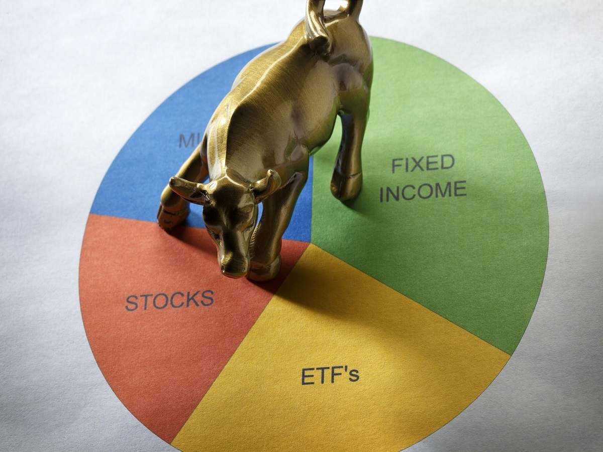 Miniature stock market bull statue on a pi chart graphic